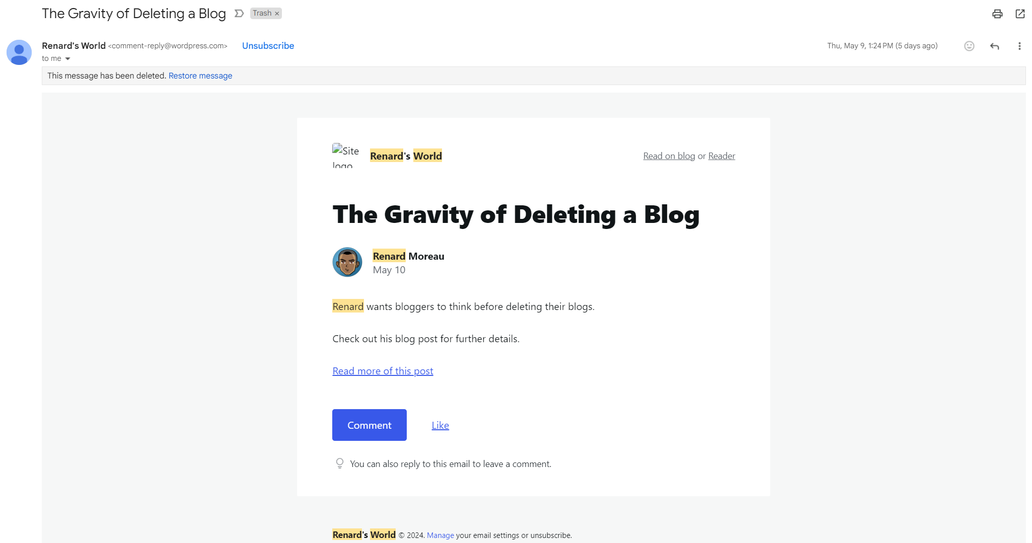 Renard's World - Deleting a Blog